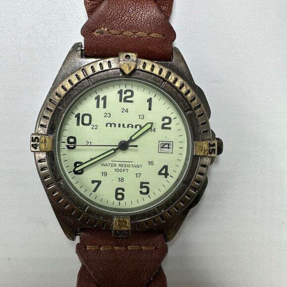 3/$30 Milan Watch Men Brass Tone 41MM Round Dial Date Window Leather Band - Picture 1 of 14